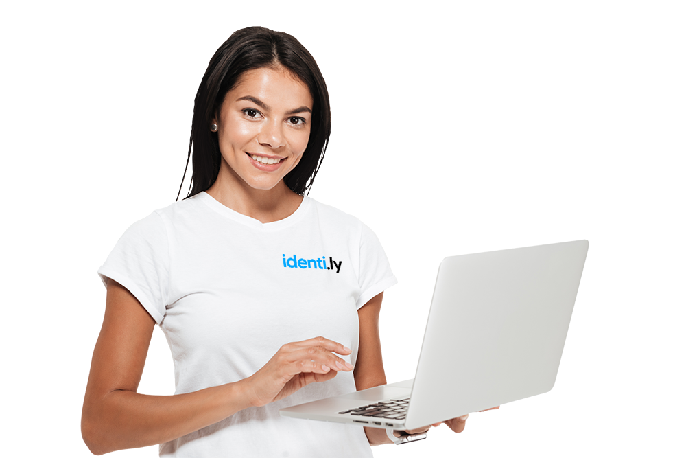 portrait smiling brunette woman holding laptop computer small